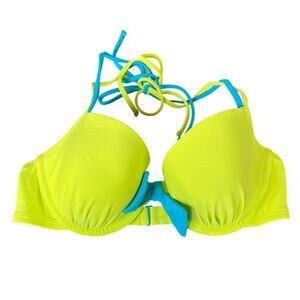 Aerie 34D Neon Yellow Swimwear Bikini Top Blue Bowtie Adjustable Halter Top